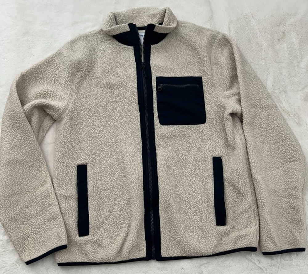 Old Navy Men’s Sherpa Fleece Jacket Size M Beige Black Full Zip Pocket